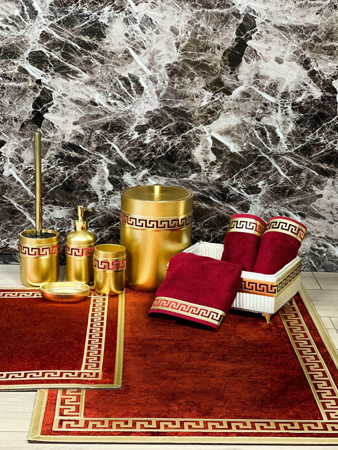 Anka Burgundy Red & Gold Bathroom Set