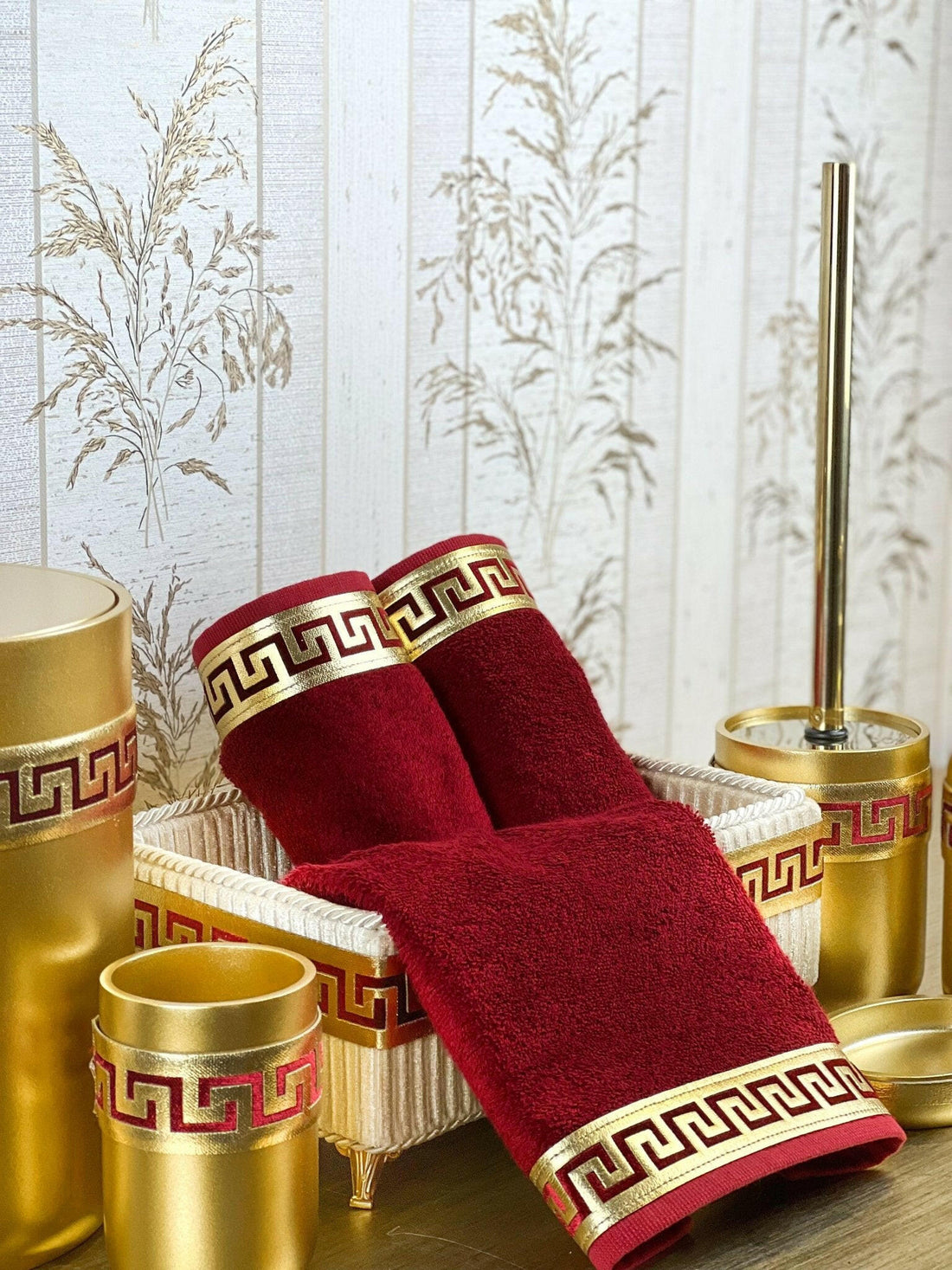 Anka Burgundy Red & Gold Bathroom Set