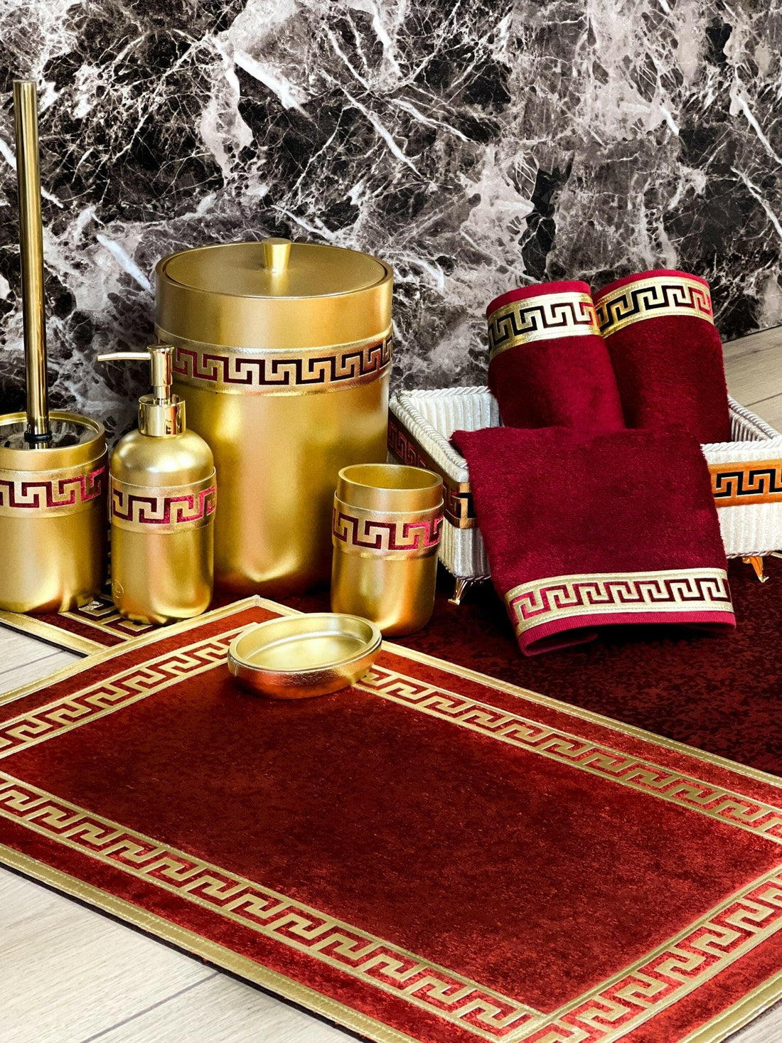 Anka Burgundy Red & Gold Bathroom Set